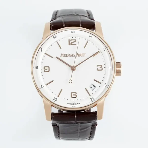 watch Audemars Piguet CODE 11.59 Blue Dial Three-Hand Automatic Watch – 41mm Rose Gold Case with Brown Leather Strap